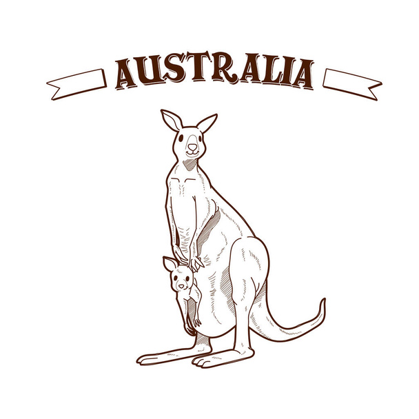 Australië dag, hand getrokken van moeder kangoeroe en kind - Vector, afbeelding