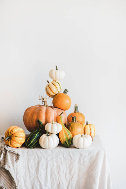 Colorful pumpkins of different shapes and size in pyramid composition on light tablecloth, white wall at background. Pumpkins for Halloween or Thanksgiving Day Autumn holiday decoration concept - Photo, image