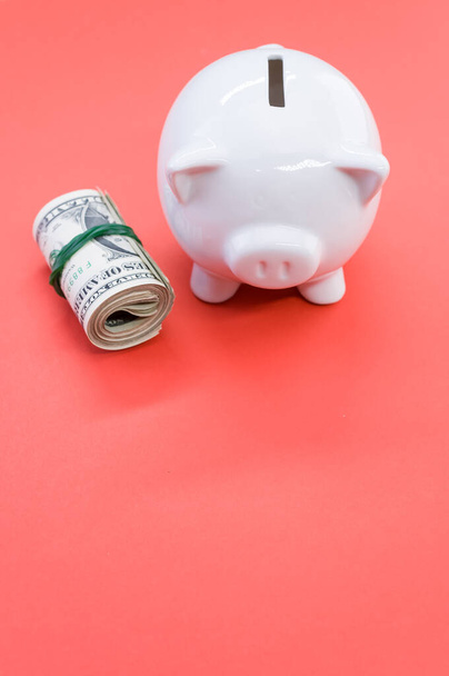 A vertical shot of a roll of dollar bills and a piggy bank on a red surface - Photo, image