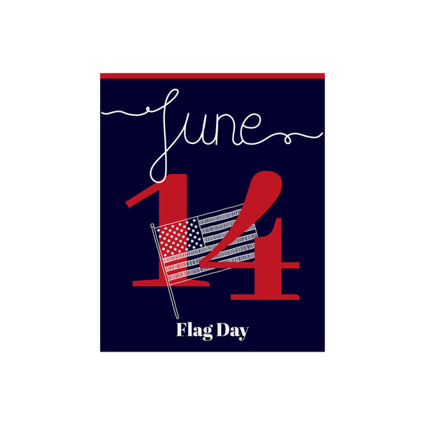Kalenderblatt, Vektorillustration zum Thema des Flag Day in den Vereinigten Staaten am 14. Juni. Dekoriert mit einer handschriftlichen Inschrift - JUNI und stilisierter linearer USA-Flagge. - Vektor, Bild