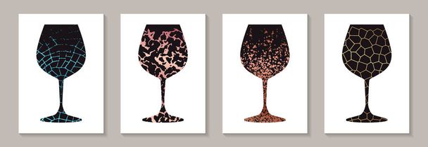 Abstracte luxe kaart sjablonen voor wijnproeverij uitnodiging of bar en restaurant menu of banner of logo met zwarte en metalen gestileerde drinkglazen op een witte achtergrond. - Vector, afbeelding