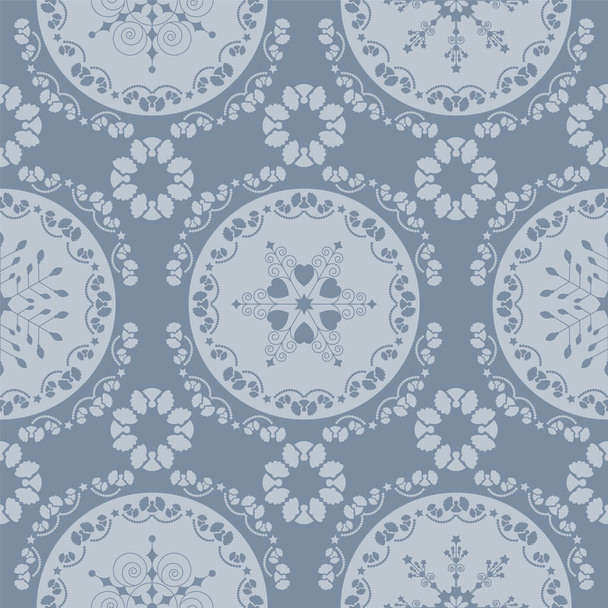 Seamless pattern christmas theme. Pretty mandalas and Frieze around with angels. Snowflakes, hearts and spirals. Color pastel blue. - ベクター画像