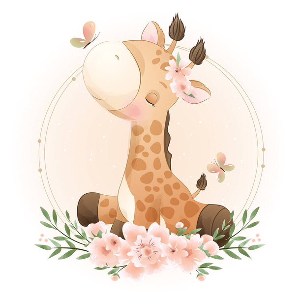 Carino doodle giraffa con illustrazione floreale - Vettoriali, immagini