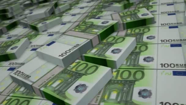 Euro banknote bundle loop. 100 EUR money stacks. Concept of crisis, banking, business, success, recession, economy, bank, debt and finance. Camera over cash packs. Loopable seamless 3d animation. - Footage, Video