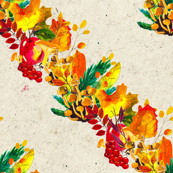Autumn watercolor hand drawn seamless pattern with leaves mushrooms and pine cones - Valokuva, kuva