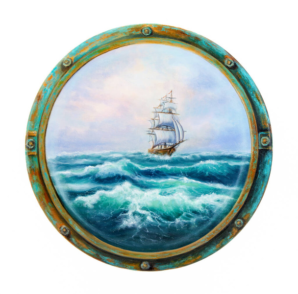 Оригінальний олійний живопис, що показує корабель у штормовому океані або морі, видимий з вікна кабіни або отвору на полотні. Іонізований на білому тлі. Сучасний імпресіонізм, модернізм, маринізм
 - Фото, зображення