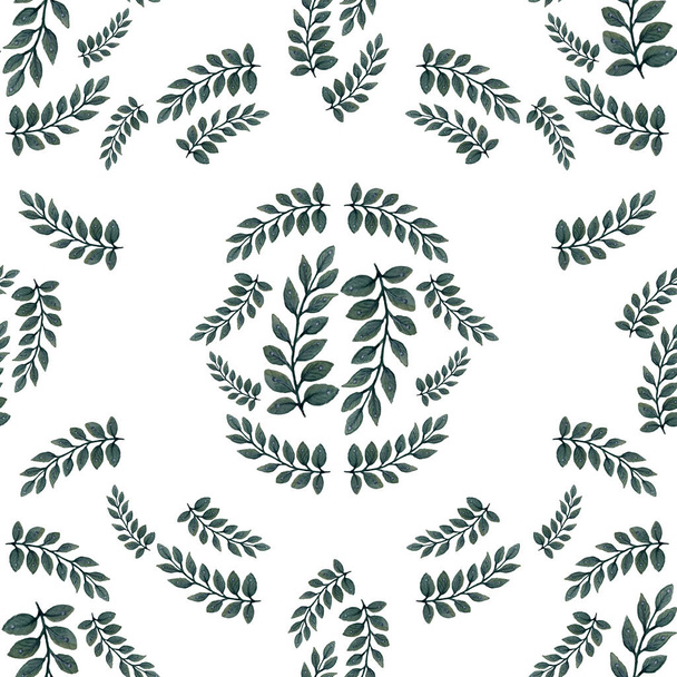 Σχέδιο με κλαδιά νερομπογιάς. Απρόσκοπτη λουλουδένια υφή με κλαδιά και φύλλα. Για εκτύπωση σε ύφασμα και χαρτί - Φωτογραφία, εικόνα