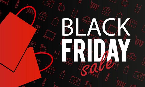 Black Friday sale, Banner with black background and shopping icons - Vetor, Imagem