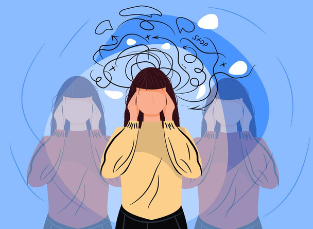 Úzkost a strach žena bolest hlavy záchvat krize. Frustrovaná žena s nervovým problémem - Vektor, obrázek