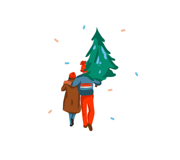 Ručně kreslené vektor abstraktní zábava stock byt Veselé Vánoce, a šťastný nový rok karikatura s ilustracemi vánočního páru společně koupil a odnést domů vánoční strom izolované na bílém pozadí - Vektor, obrázek