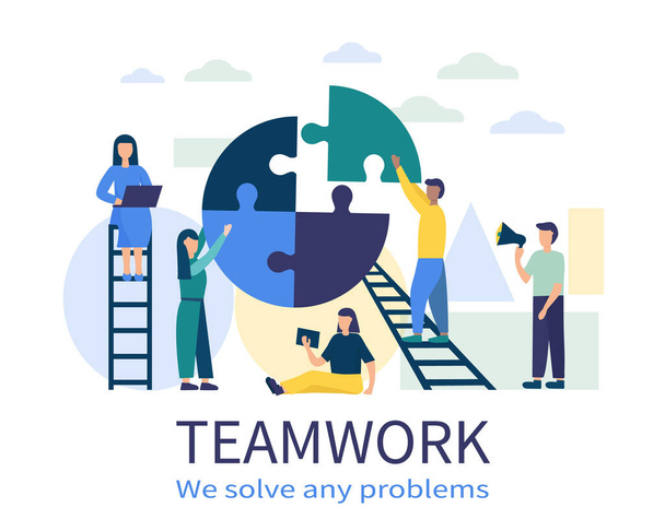 Le persone collegano le parti del puzzle. Concetto aziendale di lavoro di squadra. Cooperazione e partenariato di successo. Team building, aumentando l'efficienza dei dipendenti. illustrazione piatta vettoriale - Vettoriali, immagini