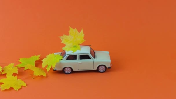Ne mozogj! Vintage autó lovagol és húzza őszi levelek. - Felvétel, videó