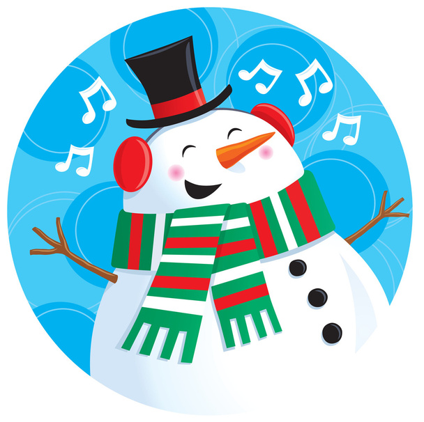 Cantando muñeco de nieve en sombrero superior, bufanda y orejeras
 - Foto, imagen