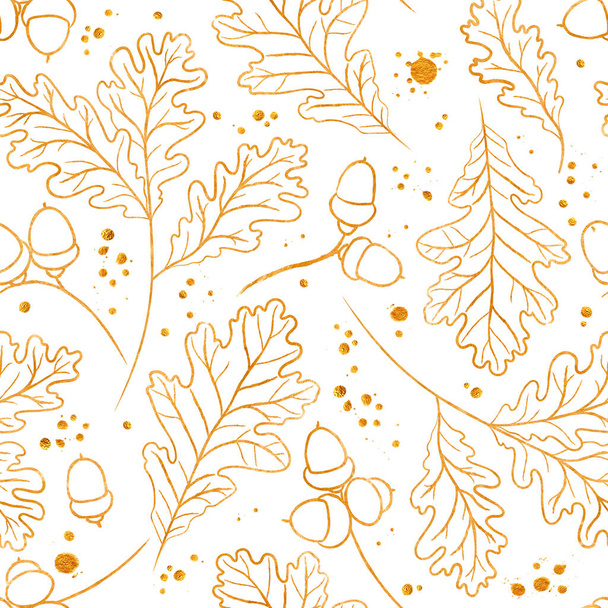Seamless raster pattern with watercolor golden silhouettes of oak leaves and acorns. Perfect for greetings, invitations, manufacture wrapping paper, textile, wedding and web design. - Photo, image