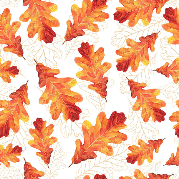 Seamless raster pattern with watercolor autumn oak leaves. Golden silhouettes. Perfect for greetings, invitations, manufacture wrapping paper, textile, wedding and web design. - Photo, image