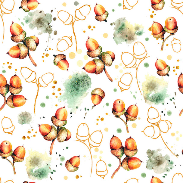 Seamless raster pattern with watercolor autumn oak acorns and golden acorns silhouettes. Colorful spots. Perfect for greetings, invitations, manufacture wrapping paper, textile, wedding and web design. - Photo, image