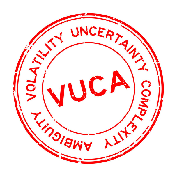 Grunge red VUCA (afkorting van Volatiliteit, onzekerheid, complexiteit en dubbelzinnigheid) woord rond rubber stempel op witte achtergrond - Vector, afbeelding