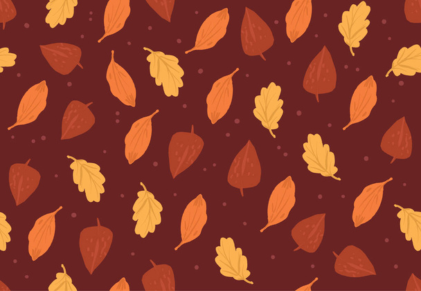 Simple autumn pattern in orange colors on red background. Doodle cartoon style. - Vector, afbeelding
