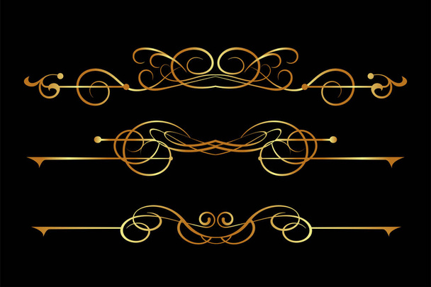 Arany kalligráfiai elemek a design elszigetelt fekete háttér, vintage dísz, vektorkép - Vektor, kép