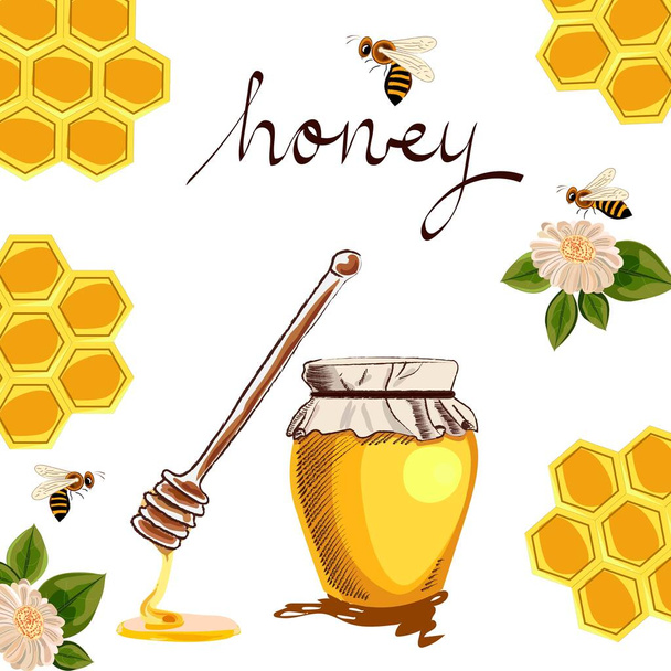 miel dans un bocal en verre, rayons de miel, fleurs, abeilles - Vecteur, image
