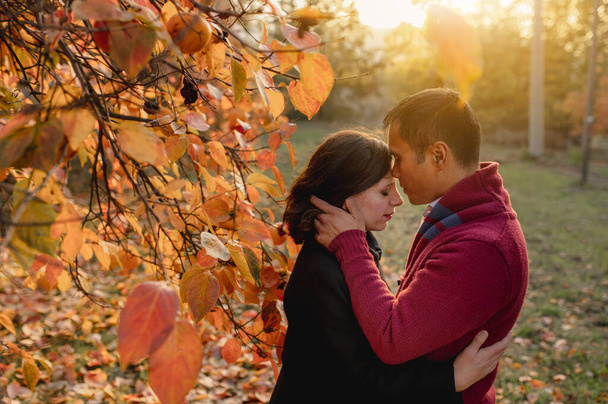 Couple in love portrait. Close up man in front of woman kissing her front. Autumn landscape background with sunset light. Relationship, togetherness, fall season, warm concept. - 写真・画像
