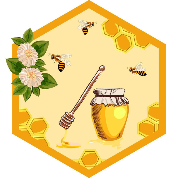 Ilustracja wektora miodu organicznego w szklanym słoiku, plastrach miodu, kwiatach, pszczołach - Wektor, obraz