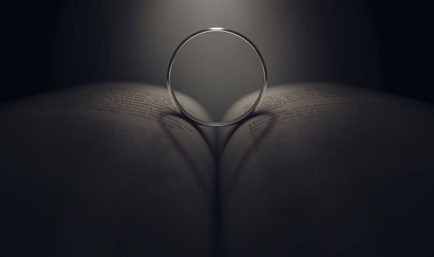 Un concept montrant un projecteur brillant sur une bague droite sur un livre de cérémonie de mariage jetant une ombre en forme de cœur sur un fond sombre - rendu 3D - Photo, image
