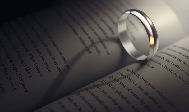 Un concept montrant un projecteur brillant sur une bague droite sur un livre de cérémonie de mariage jetant une ombre en forme de cœur sur un fond sombre - rendu 3D - Photo, image