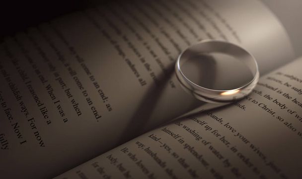 Un concept montrant un projecteur brillant sur une bague sur un livre de cérémonie de mariage jetant une ombre en forme de cœur sur un fond sombre - rendu 3D - Photo, image