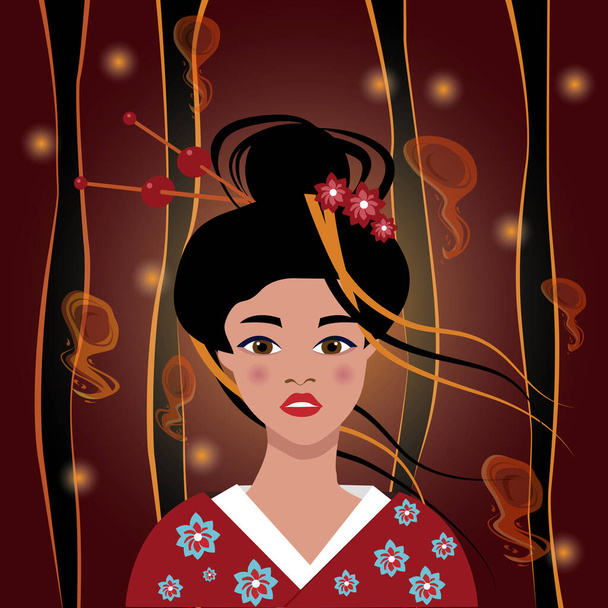 Egy keleti hölgy pop art arca. Egy fiatal, gyönyörű japán nő kimonóban, vörös ajkakkal, magas frizurával. Vektor lapos illusztráció. Különböző nemű és korú reklámplakát. - Vektor, kép
