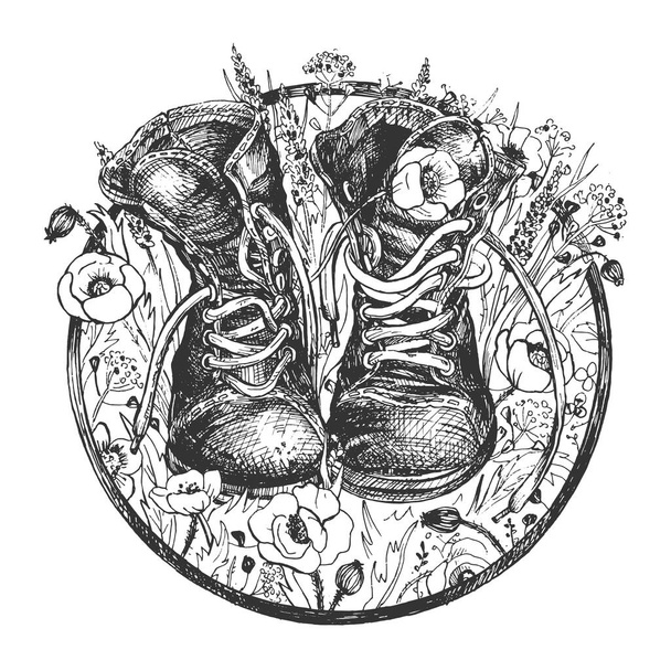 Vector illustration of old boots. Retro hiking shoes on round floral frame with meadow flowers ornate. Vintage hand drawn style. - Vector, afbeelding