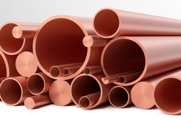 Primer plano de tuberías de cobre de diferentes tamaños apiladas - Representación 3D - Foto, Imagen