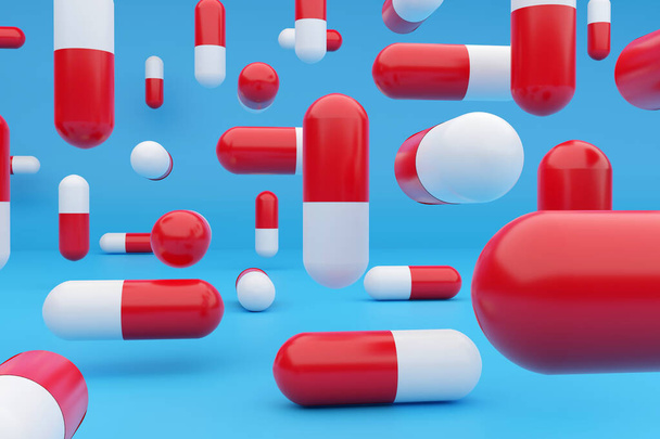 Многие капсулы медицинских таблеток плавающие в красочной среде. 3D рендеринг - Фото, изображение