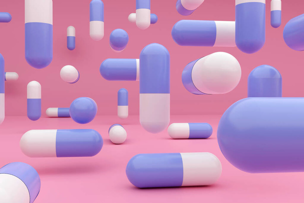 Many capsules of medical pills floating in a colorful environment. 3d render - Photo, Image