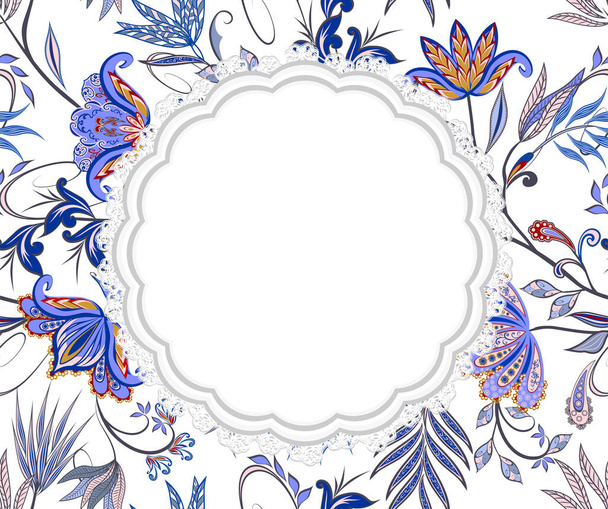 Bouquet of fantastic flowers. Background in ethnic traditional style. Abstract vintage pattern with decorative flowers, leaves and Paisley pattern in Oriental style. - Vector, afbeelding