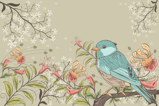 kwiaty i ptak - Wektor, obraz