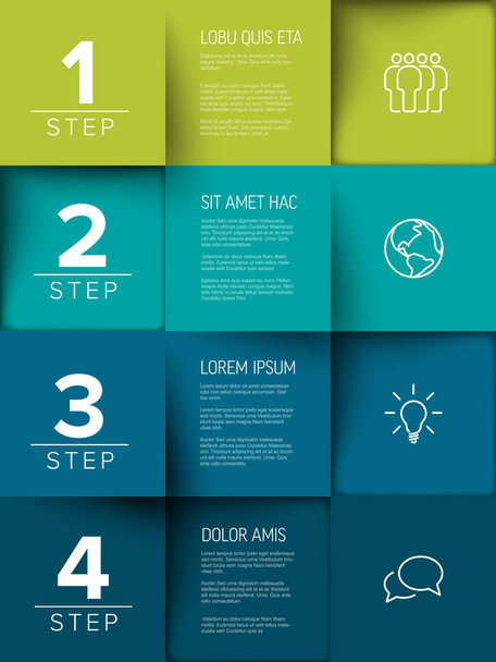Πολυχρηστικό ψηφιδωτό τέσσερα βήματα infographic κατασκευασμένο από πράσινο και μπλε τετράγωνα περιεχομένου με εικόνες αριθμούς και κείμενα - Διάνυσμα, εικόνα
