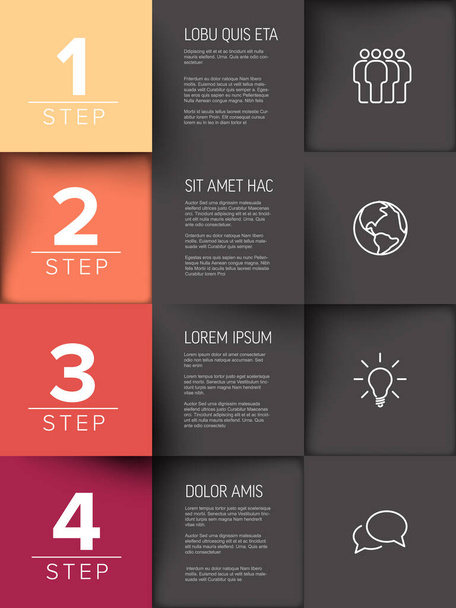 Универсальная мозаика четыре шага инфографика из оранжевого, красного и серого содержания квадратов с иконками номера и тексты - Вектор,изображение
