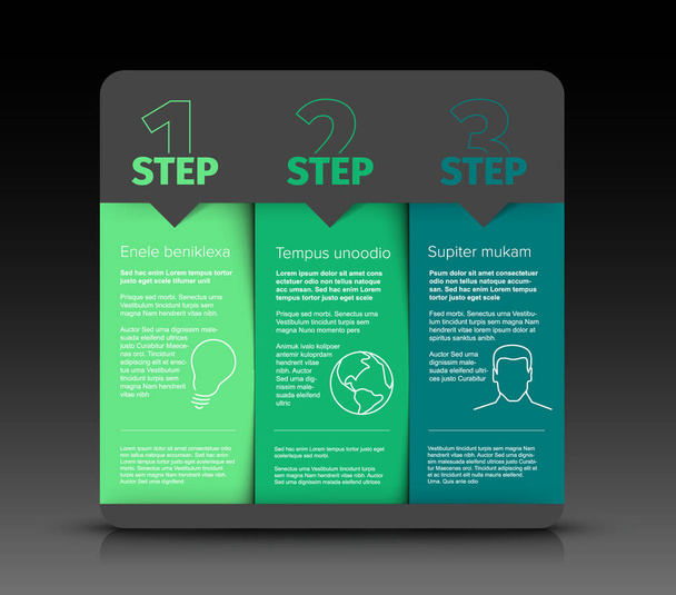 Διάνυσμα σκούρο πίνακα οδηγίες με στρογγυλεμένες γωνίες και τρία βήματα ως πρότυπο τρία μπλοκ - πράσινη έκδοση - Διάνυσμα, εικόνα