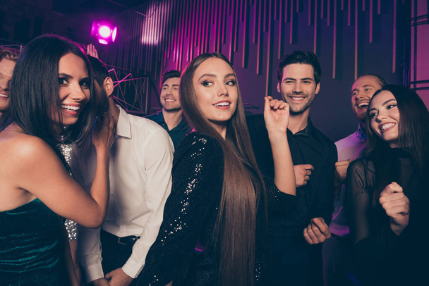 Photo of student friends company dancing at party together in night club celebrating prom smiling wearing fashionable stylish clothes - Фото, зображення