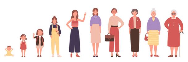 Woman in different ages. Human life stages, childhood, youth, adulthood, enility - Vector, Image