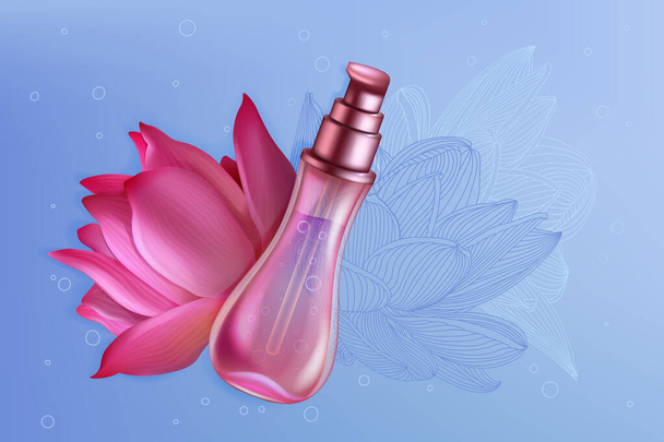 Luxury pink lotus κρίνο άρωμα προϊόν πακέτο διανυσματική απεικόνιση, άρωμα συσκευασία μπουκάλι σπρέι και όμορφο φυσικό φόντο λουλούδι λωτού - Διάνυσμα, εικόνα