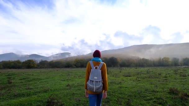 Hipster γυναίκα σε κίτρινο πουλόβερ και backpackπερπάτημα στο πεδίο εξαφανίζεται στην ομίχλη. Όμορφο φθινόπωρο γεμάτο περιπέτεια ταξίδι. - Πλάνα, βίντεο