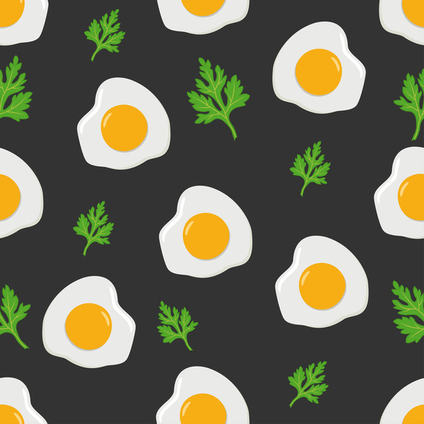Seamless pattern of fried eggs with sprig of parsley on dark background. Vector illustration - Vector, Image