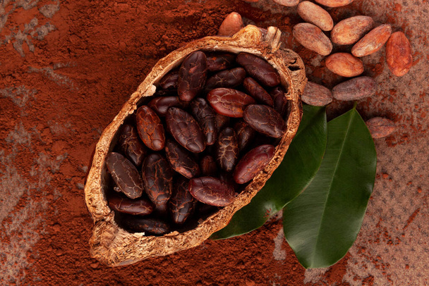 Composition with cocoa pod, powder, beans and  leaves on table. Delicious dark chocolate background. - Photo, Image