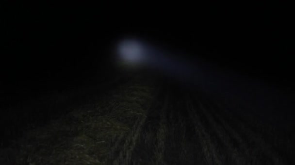 Czarna letnia noc i wiązka latarki przemieszcza się przez ścięte pole z boku na bok. - Materiał filmowy, wideo