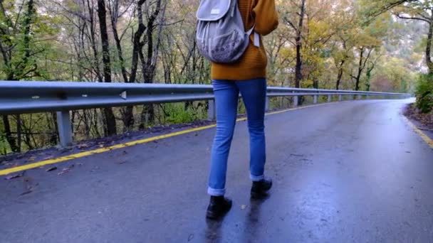 Φωτογραφική μηχανή ακολουθεί hipster γυναίκα στο ταξίδι ή περιπέτεια. Νεαρός ταξιδιώτης της χιλιετίας ή ταξιδιωτικός blogger περπατά σε όμορφο ορεινό δρόμο. Η γενιά z νέα έννοια ταξιδεύει - Πλάνα, βίντεο