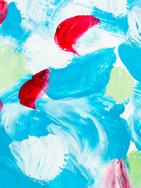 Peinture créative bleue et rouge, fond abstrait peint à la main, texture du pinceau, peinture acrylique sur toile. L'art moderne. Art contemporain. - Photo, image