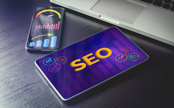 SEO, Search Engine Optimization concept. Digital Business Internet Marketing. Search engine result, page speed and ranking optimization. On-page seo, keyword research, optimize content and meta tags - Photo, Image