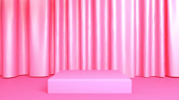 Square podium pink, against the background of curtains, pink stand, pink decoration background, 3D rendering , 3D illustration - Photo, Image